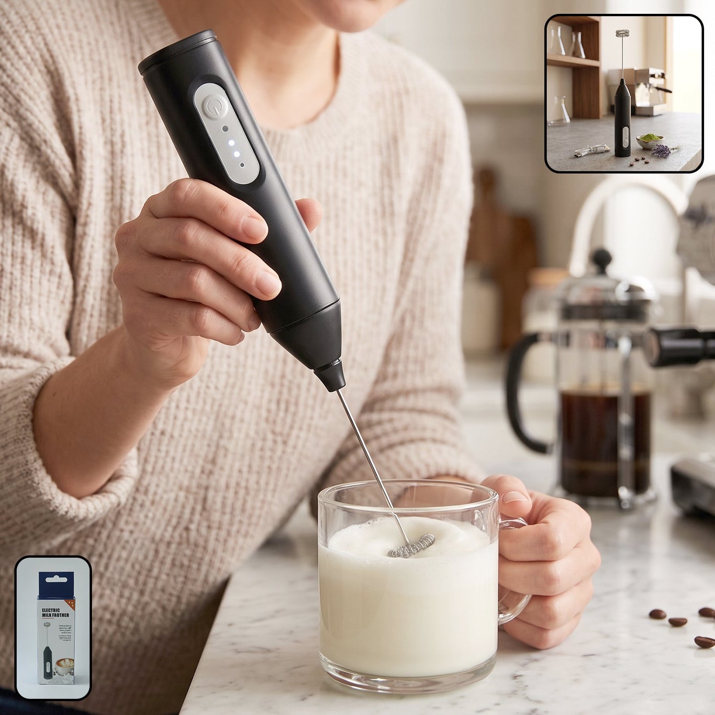 Wukusy handheld electric milk frother with battery operated whisk for making coffee foam and milk froth in a sleek design