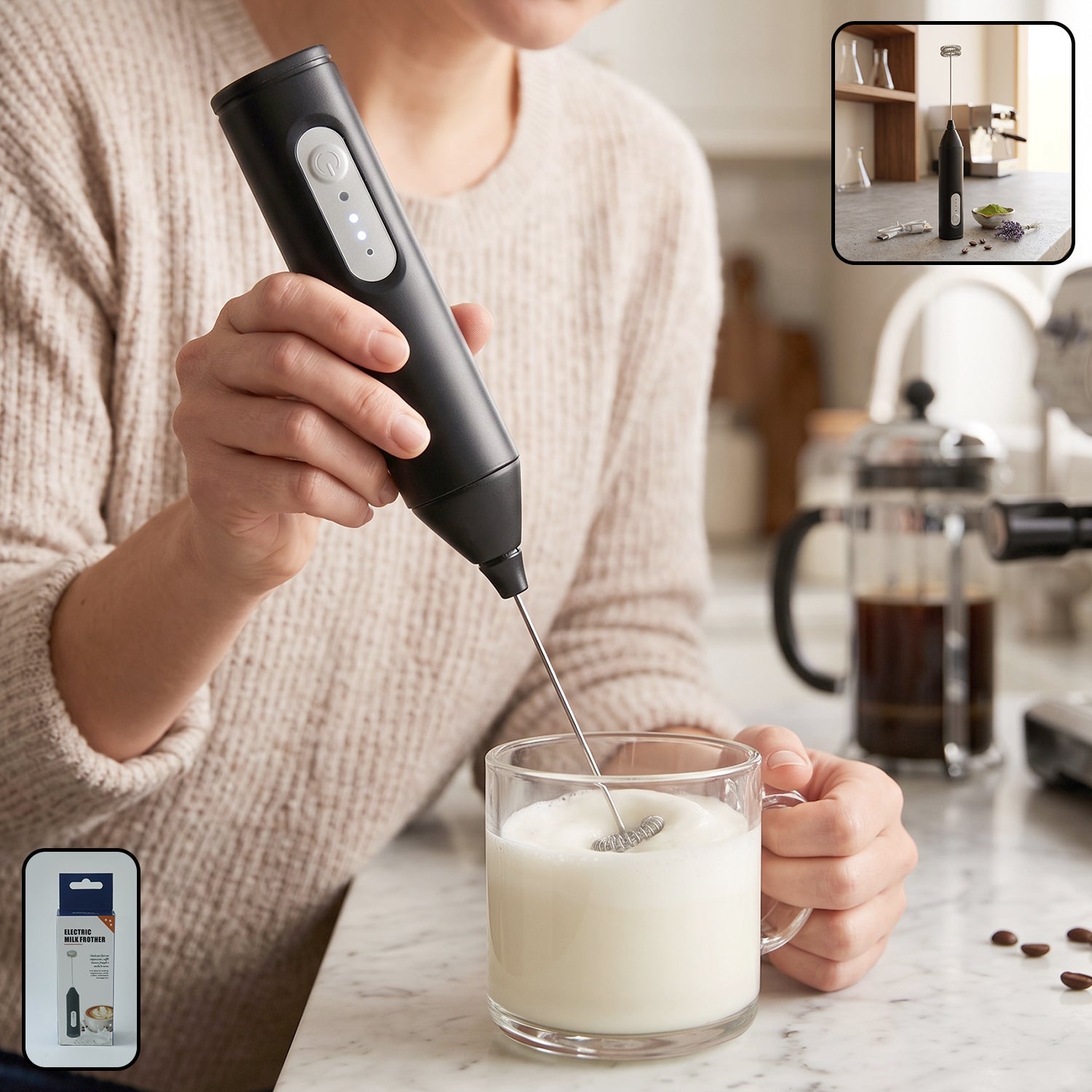 Wukusy handheld electric milk frother with battery operated whisk for making coffee foam and milk froth in a sleek design