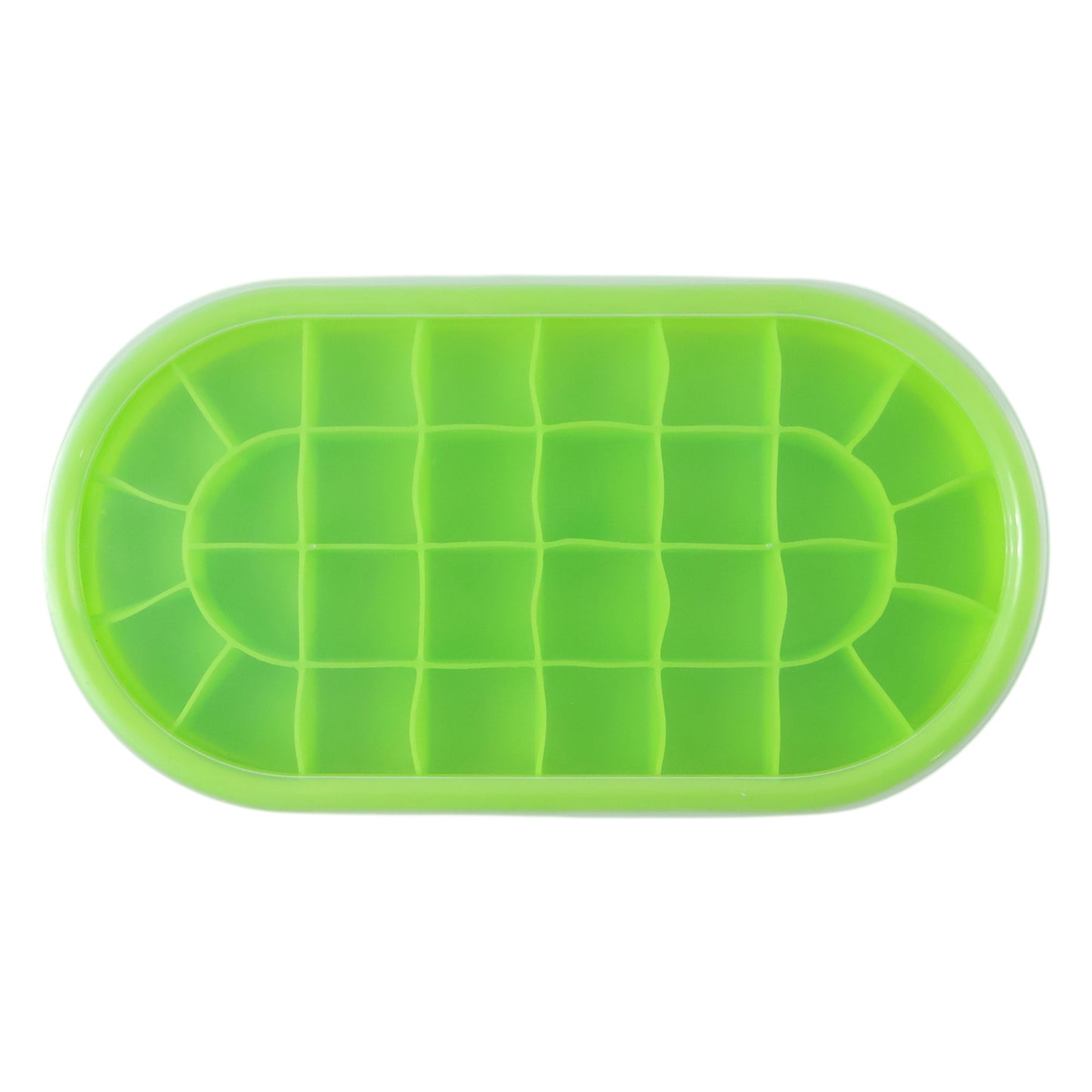 Wukusy premium oval silicone ice cube tray with lid, showing flexible silicone mold with ice cubes and a transparent lid