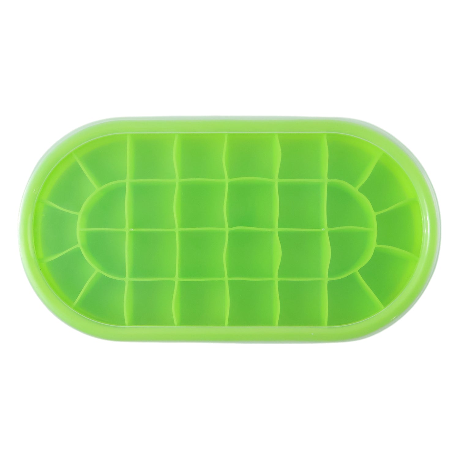 Wukusy premium oval silicone ice cube tray with lid, showing flexible silicone mold with ice cubes and a transparent lid