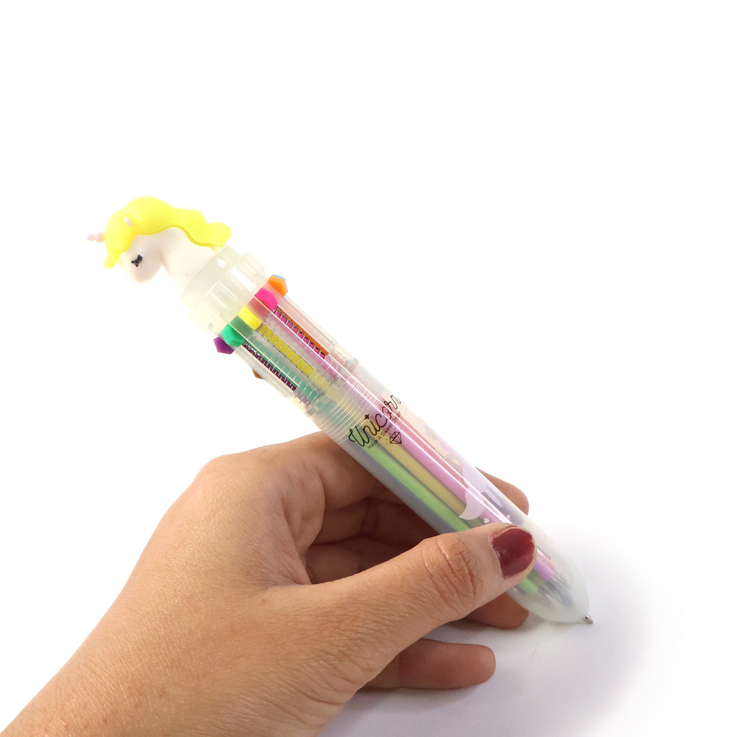 Wukusy 10-in-1 multicolor ball pen with cute character design, featuring multiple ink colors and ergonomic grip.