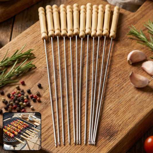 Set of 12 stainless steel BBQ skewers with wooden handles, ideal for grilling and outdoor cooking by Wukusy.