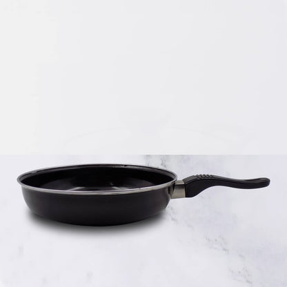 Wukusy 2522 non-stick gas-compatible fry pan without lid, kitchen tool with a black non-stick cooking surface and ergonomic handle.