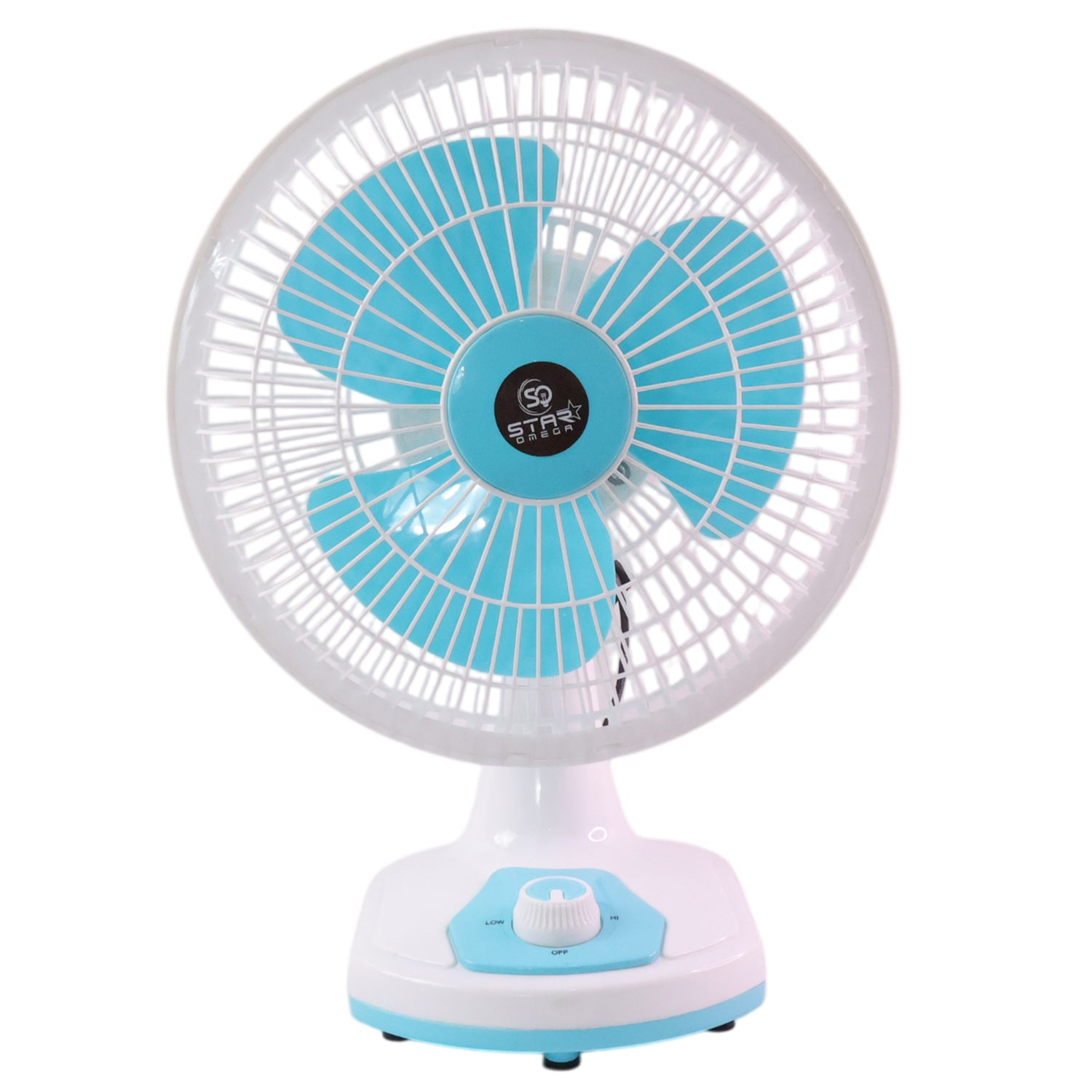 Wukusy 12V DC table fan with adjustable speed control and high airflow, shown on a desk with a modern setting