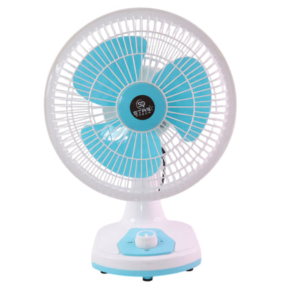 Wukusy 12V DC table fan with adjustable speed control and high airflow, shown on a desk with a modern setting