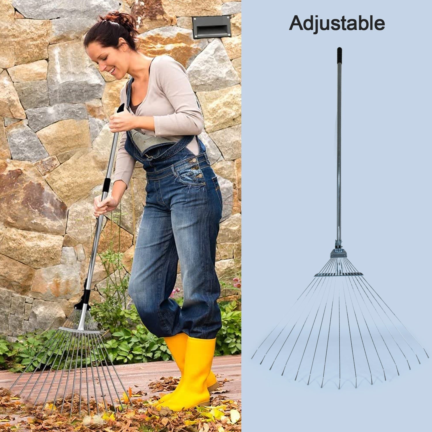 Wukusy stainless steel telescopic garden rake with adjustable claws and long handle, ideal for leaf and yard clean-up.