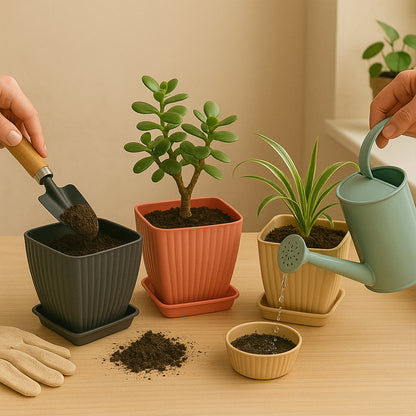 Set of five square plastic flower pots for garden, Wukusy brand, perfect for planting and displaying flowers outdoors.