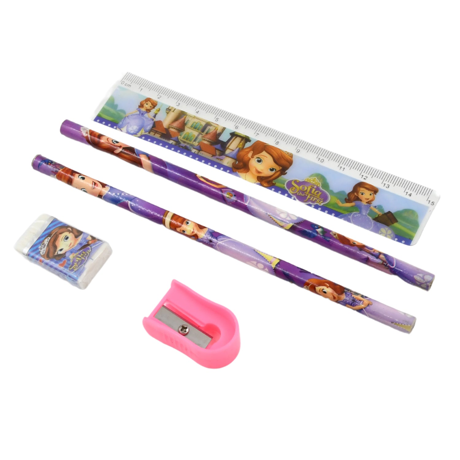 Wukusy 5-in-1 kids stationery gift set including pencils, ruler, rubber pencil sharpener, and office supplies in a compact 5-piece set