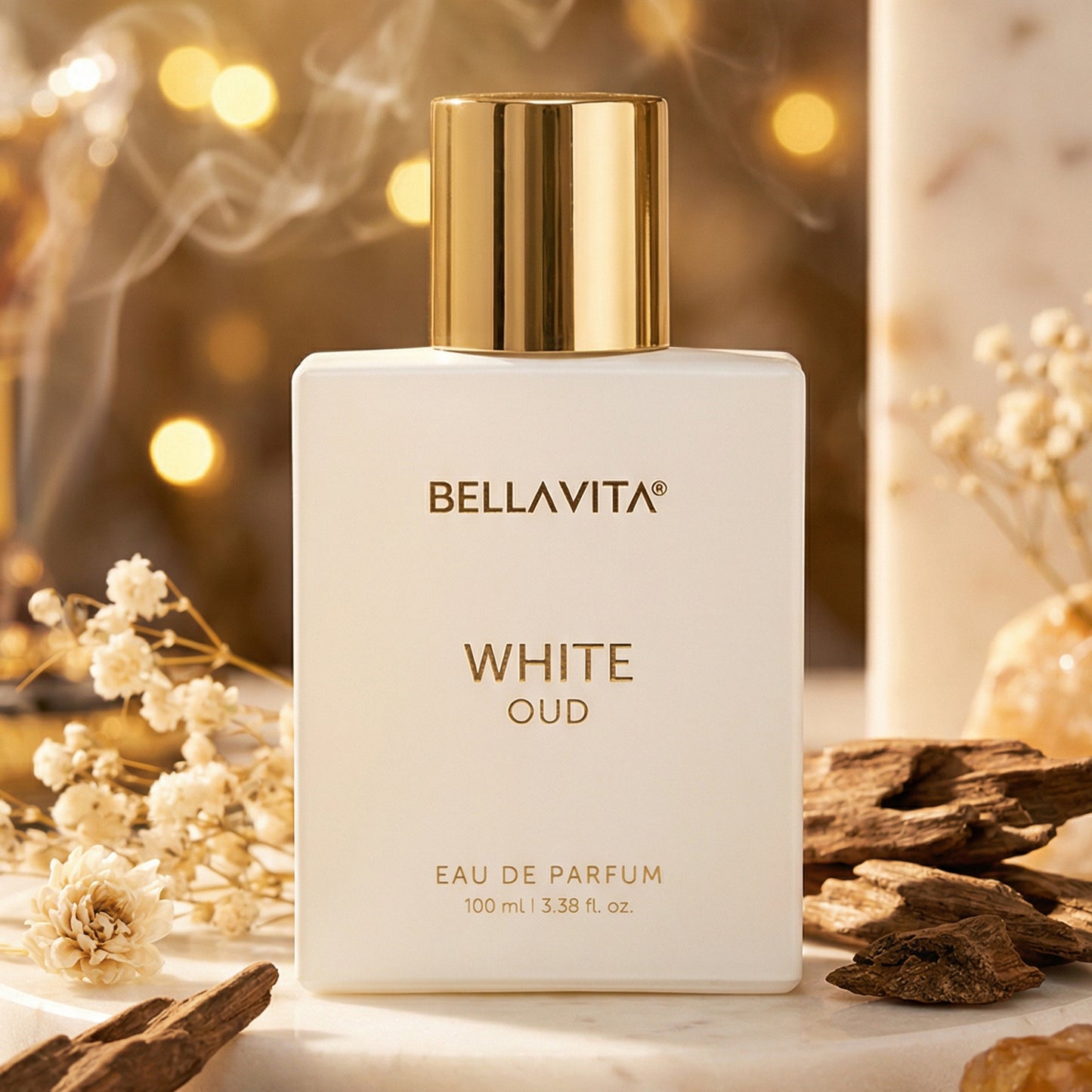 Bellavita Premium White Oud Eau De Perfume by Wukusy, 100ml bottle with elegant white packaging and floral accents.