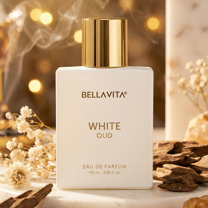 Bellavita Premium White Oud Eau De Perfume by Wukusy, 100ml bottle with elegant white packaging and floral accents.