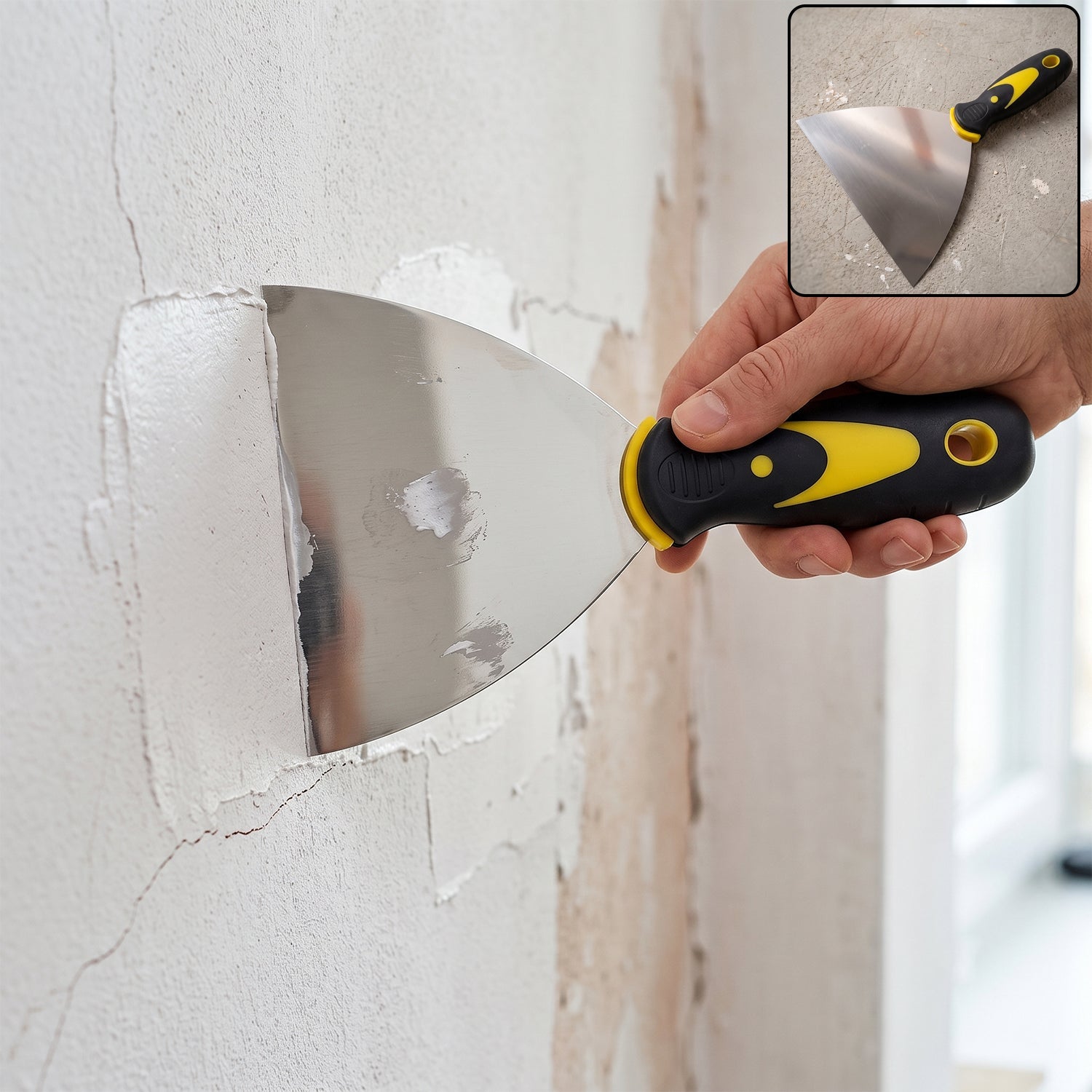 Wukusy stainless steel putty scraper with 145mm flexible blade for wall filler, suitable for smoothing and spreading drywall compounds.