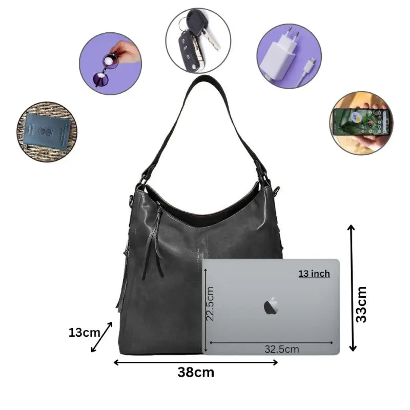 Black vegan leather shoulder bag with adjustable strap, water-resistant material, ideal for camping and hiking adventures.