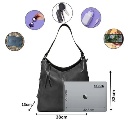 Black vegan leather shoulder bag with adjustable strap, water-resistant material, ideal for camping and hiking adventures.