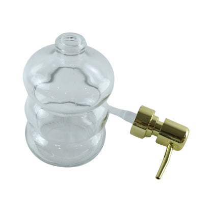 Clear glass liquid soap dispenser with gold pump, Wukusy brand, shown with a sleek and modern design for bathroom or kitchen use.