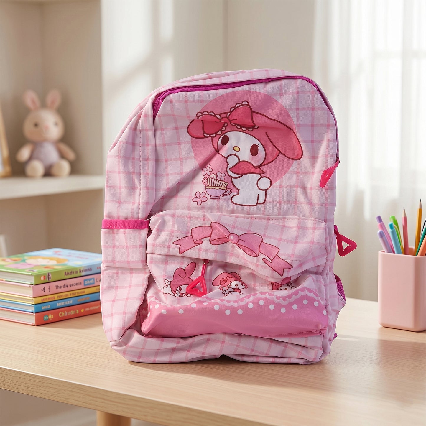 Wukusy cute 13-inch bunny and bow design backpack with adjustable straps, perfect for kids' school and daily use.