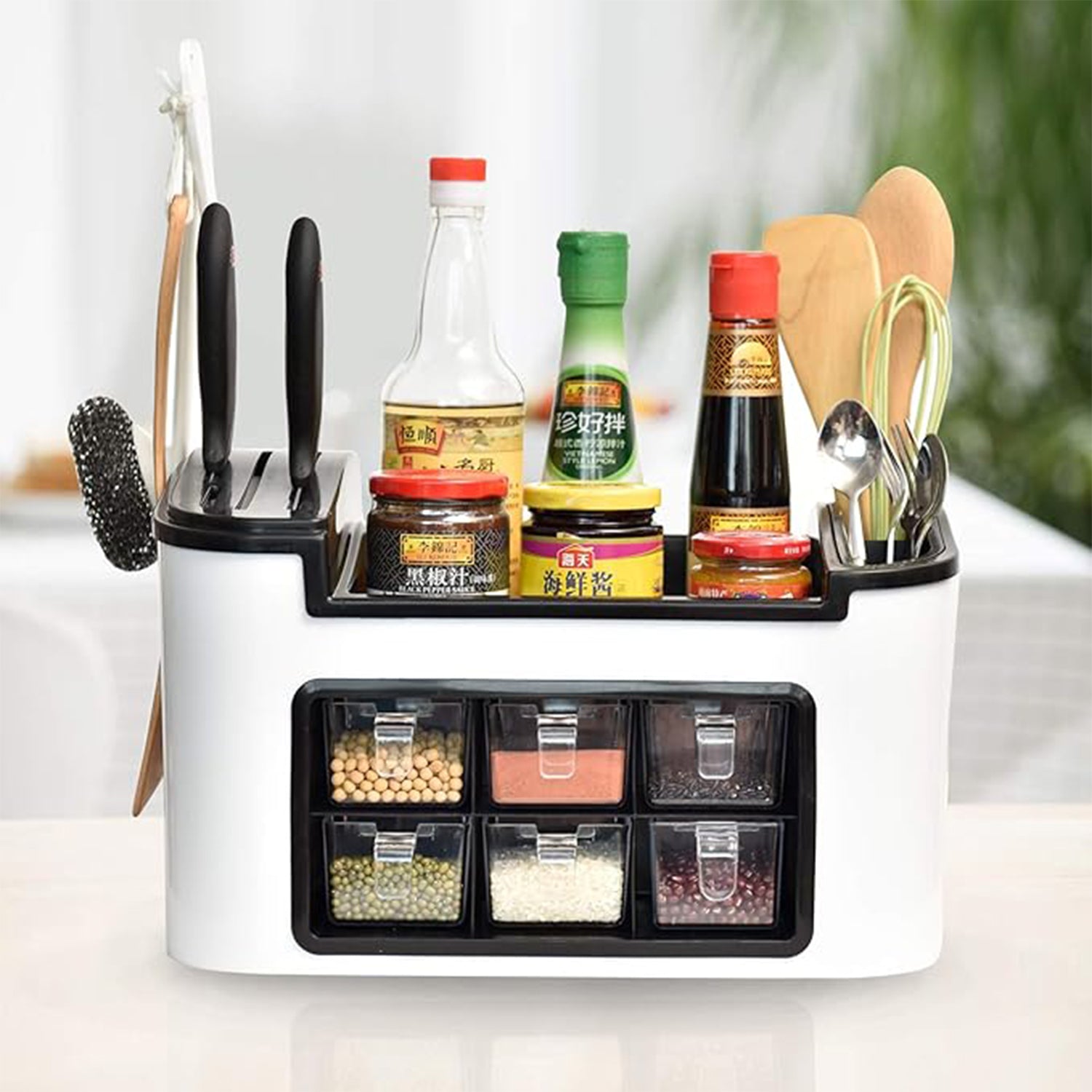 Wukusy multifunctional kitchen storage organizer rack with 6 spice containers, knife and spoon holder, and top shelf for home use.