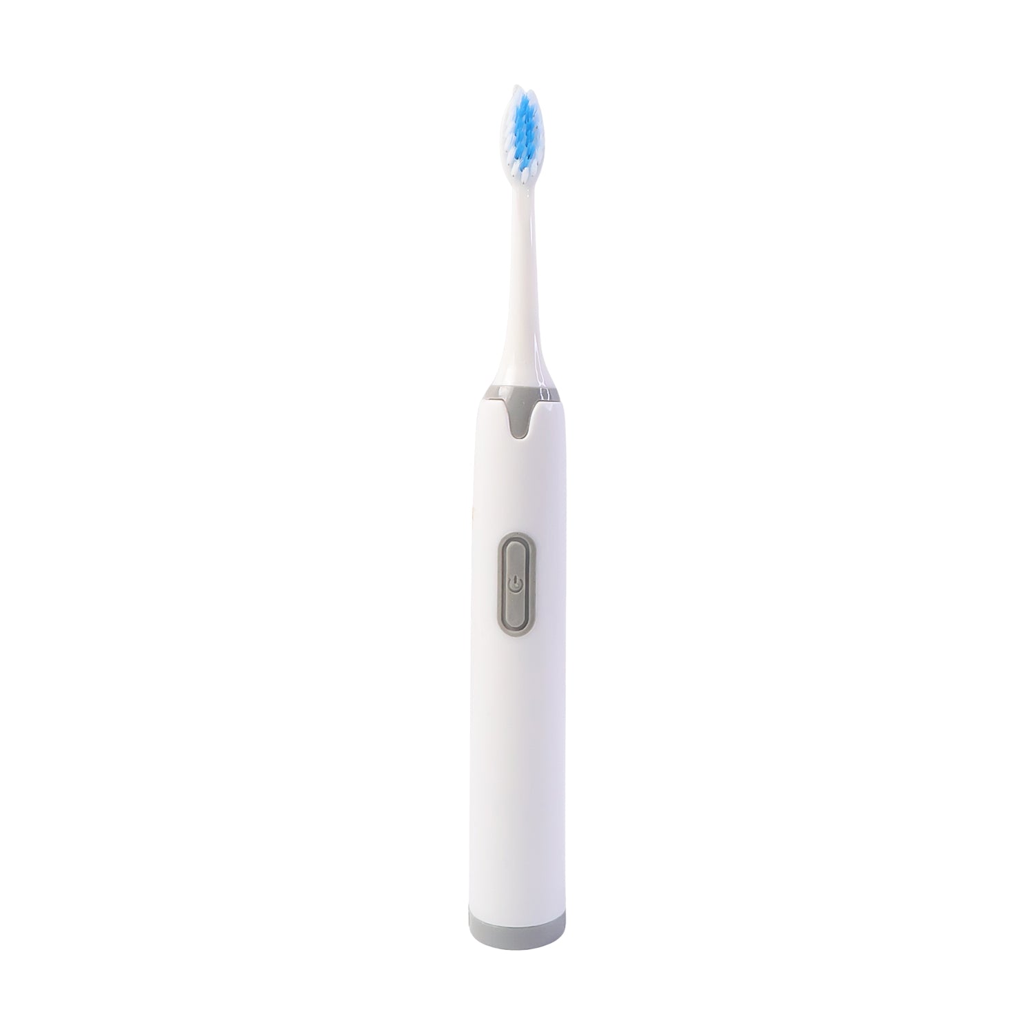 Wukusy battery-operated electric toothbrush with white handle and brush head, ready for use on teeth.