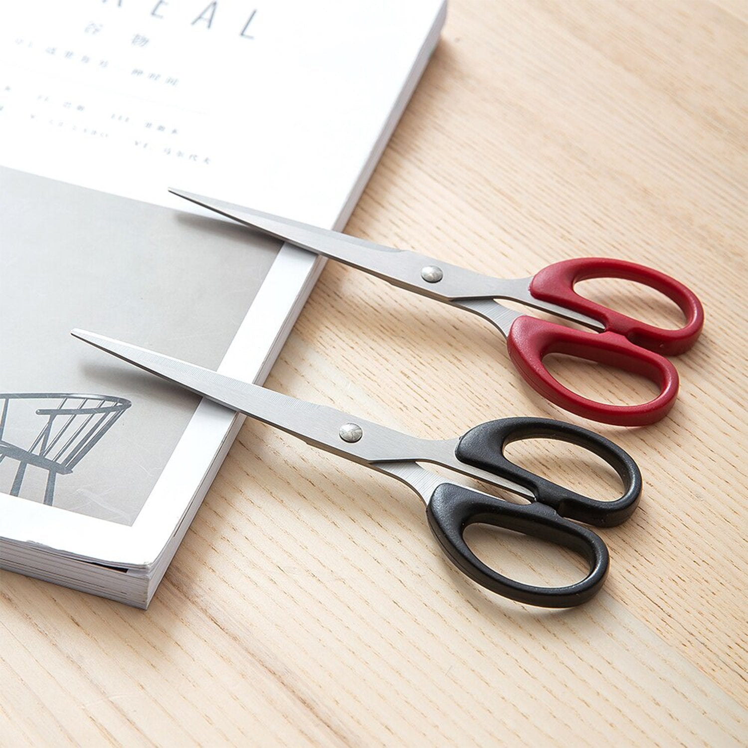 Wukusy 1800 stainless steel office scissors with plastic handle grip, 160mm length, shown with open blades.