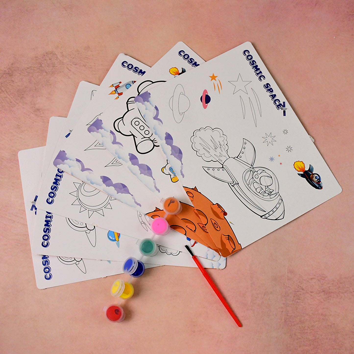 Wukusy Cosmic Space Theme Kids Painting and Coloring Kit with colorful space-themed art supplies and illustrations for children
