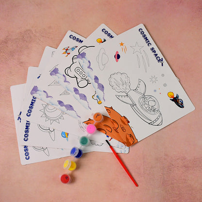 Wukusy Cosmic Space Theme Kids Painting and Coloring Kit with colorful space-themed art supplies and illustrations for children