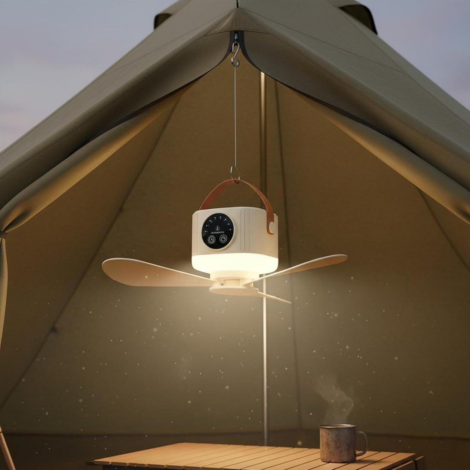 Wukusy 3-in-1 rechargeable camping fan with LED light, hanging hook, and timer, showing the fan with LED illumination and adjustable features.