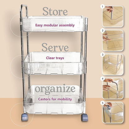 Wukusy Apex Sapphire 3-layer multipurpose storage trolley with wheels, featuring sturdy shelves and a mobile design for versatile use.