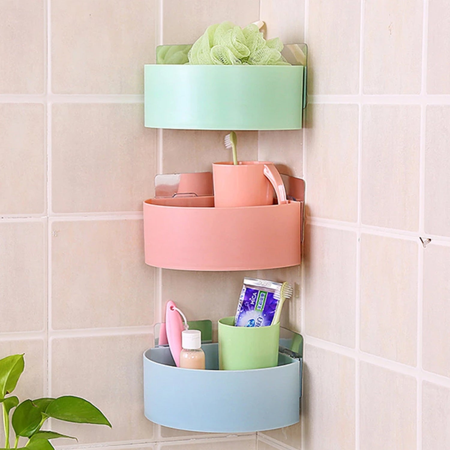Wukusy 4033 corner shelf and shower caddy with plastic triangle wall mount for bathroom or kitchen storage.