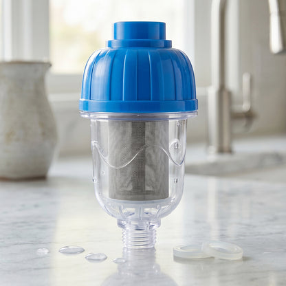Wukusy hard water shower filter with multi-layer purification, shown installed in a bathroom shower for clean, filtered water.
