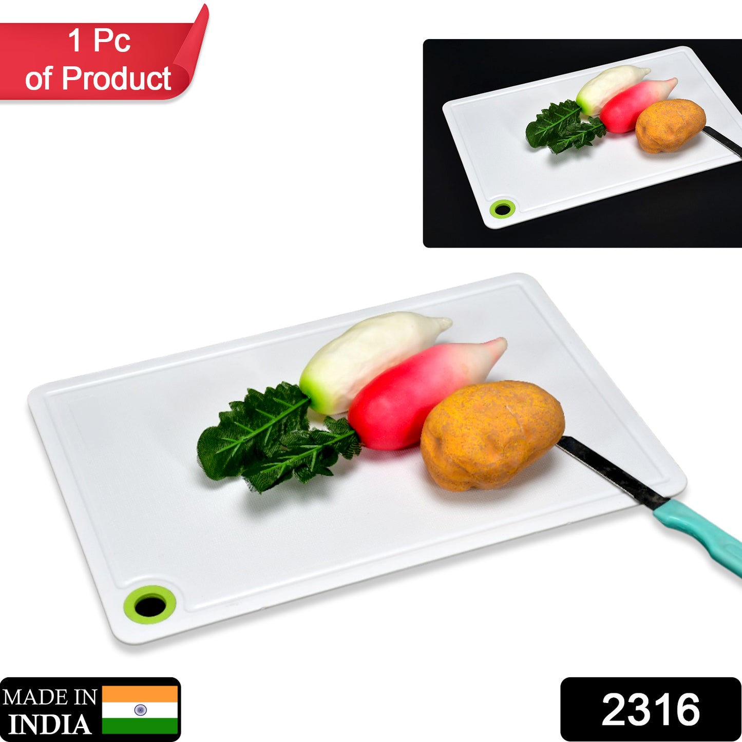 Wukusy 2316 plastic fruit and vegetable chopping board, kitchen tool with a smooth surface for food preparation.