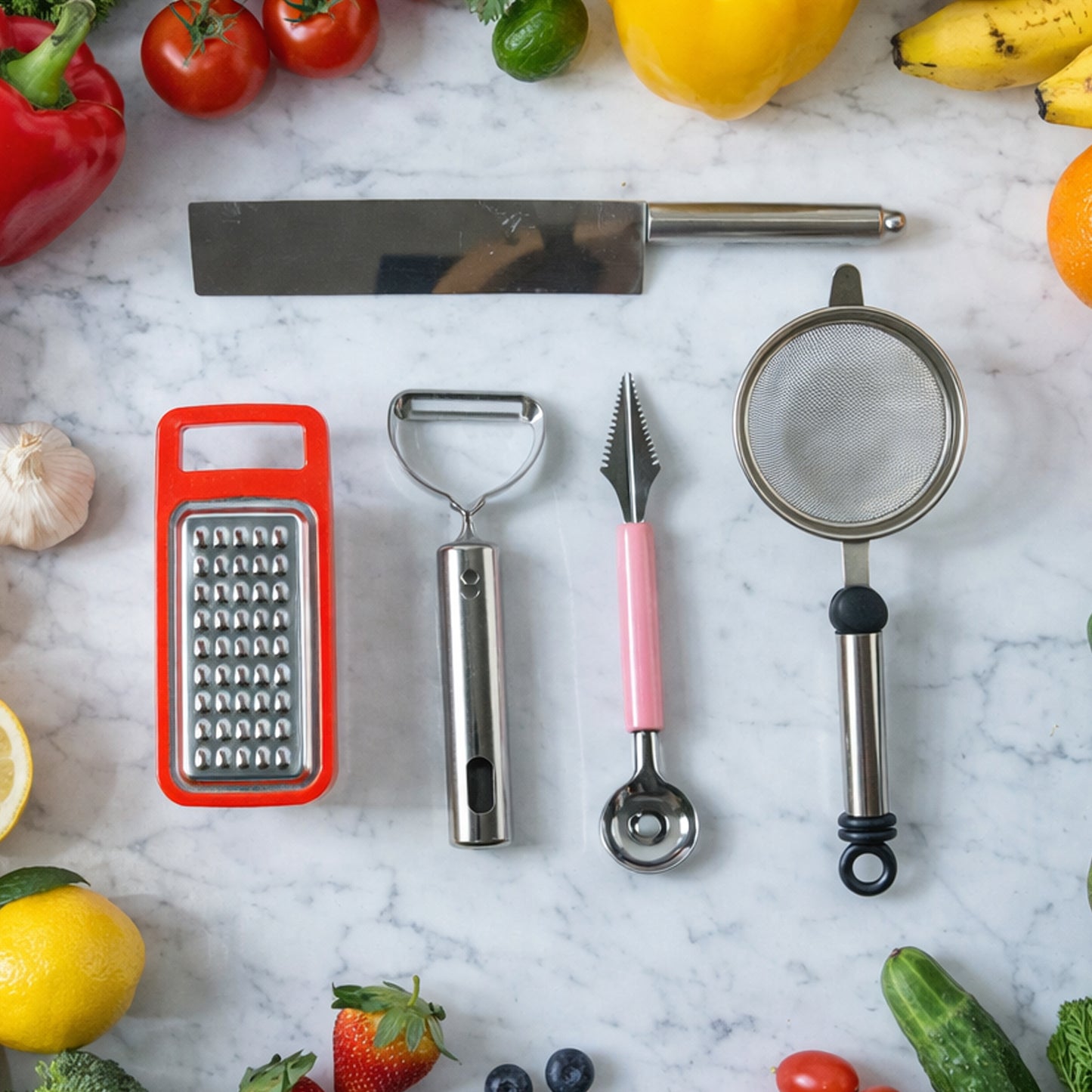 Wukusy 5-in-1 multipurpose kitchen tool set with various utensils for cooking, chopping, peeling, and more, arranged on a countertop.
