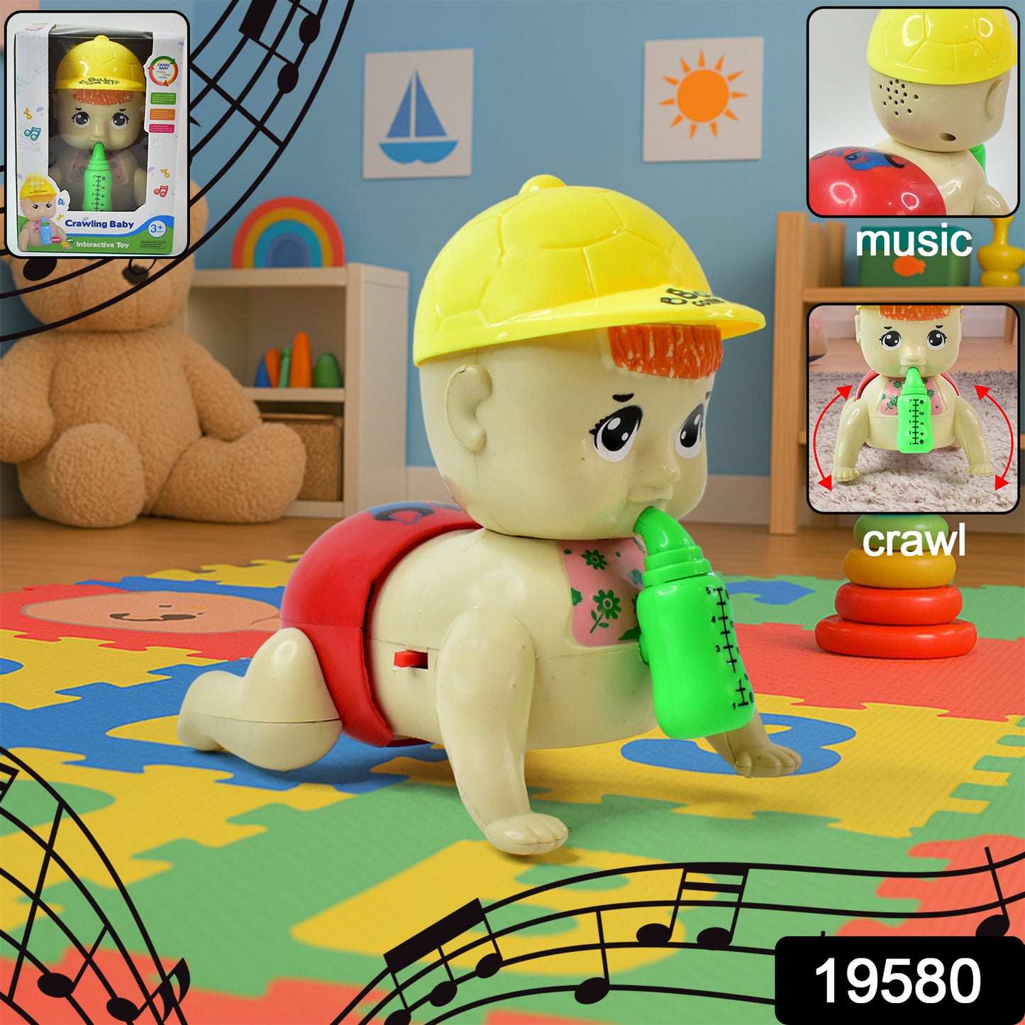 Battery operated crawling baby toy with music from Wukusy, showing colorful design and moving parts on a soft surface.