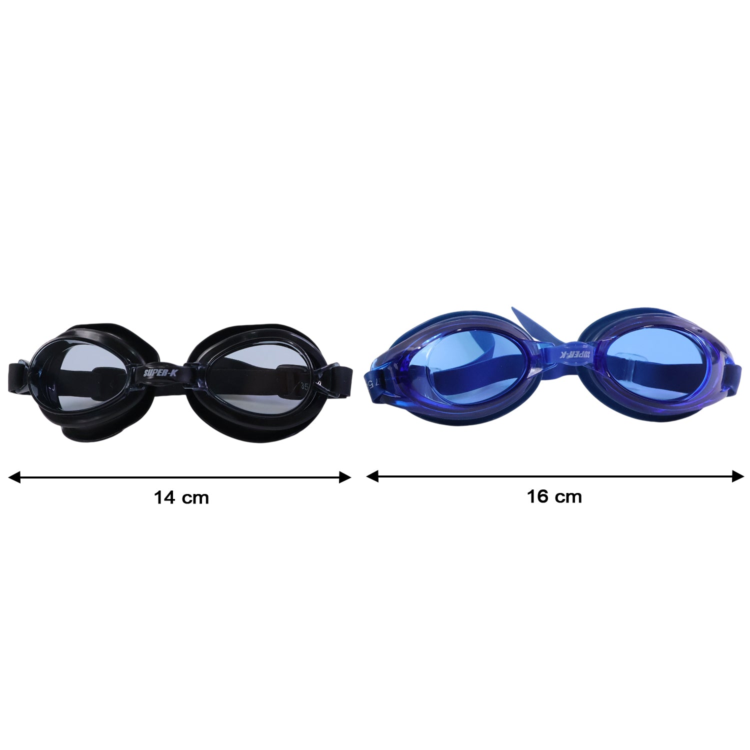 Wukusy swimming goggles set with two pairs of adjustable swim goggles in black and blue for kids and adults.