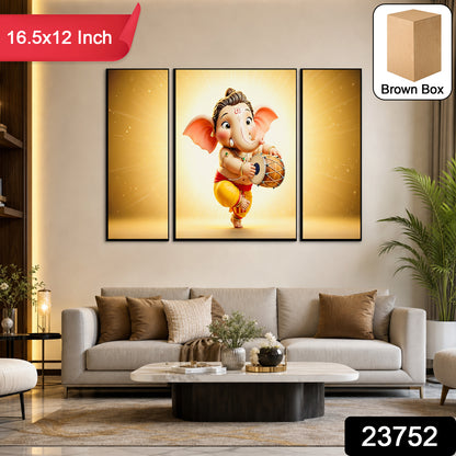 Decorative Ganesha 3-panel MDF wall frame by Wukusy, religious art for home decor, measuring 16.5x12 inches.