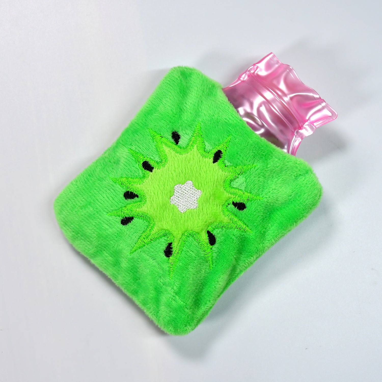 Green Sun small hot water bag with cover by Wukusy, used for pain relief, neck, shoulder, hand, foot warmth, and menstrual cramps.
