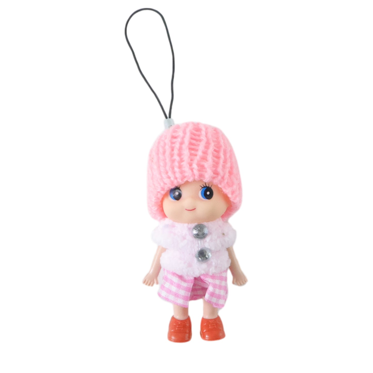 Wukusy cute mini doll keychain with soft knitted cap girl charm, colorful mix of small plush keyring accessory