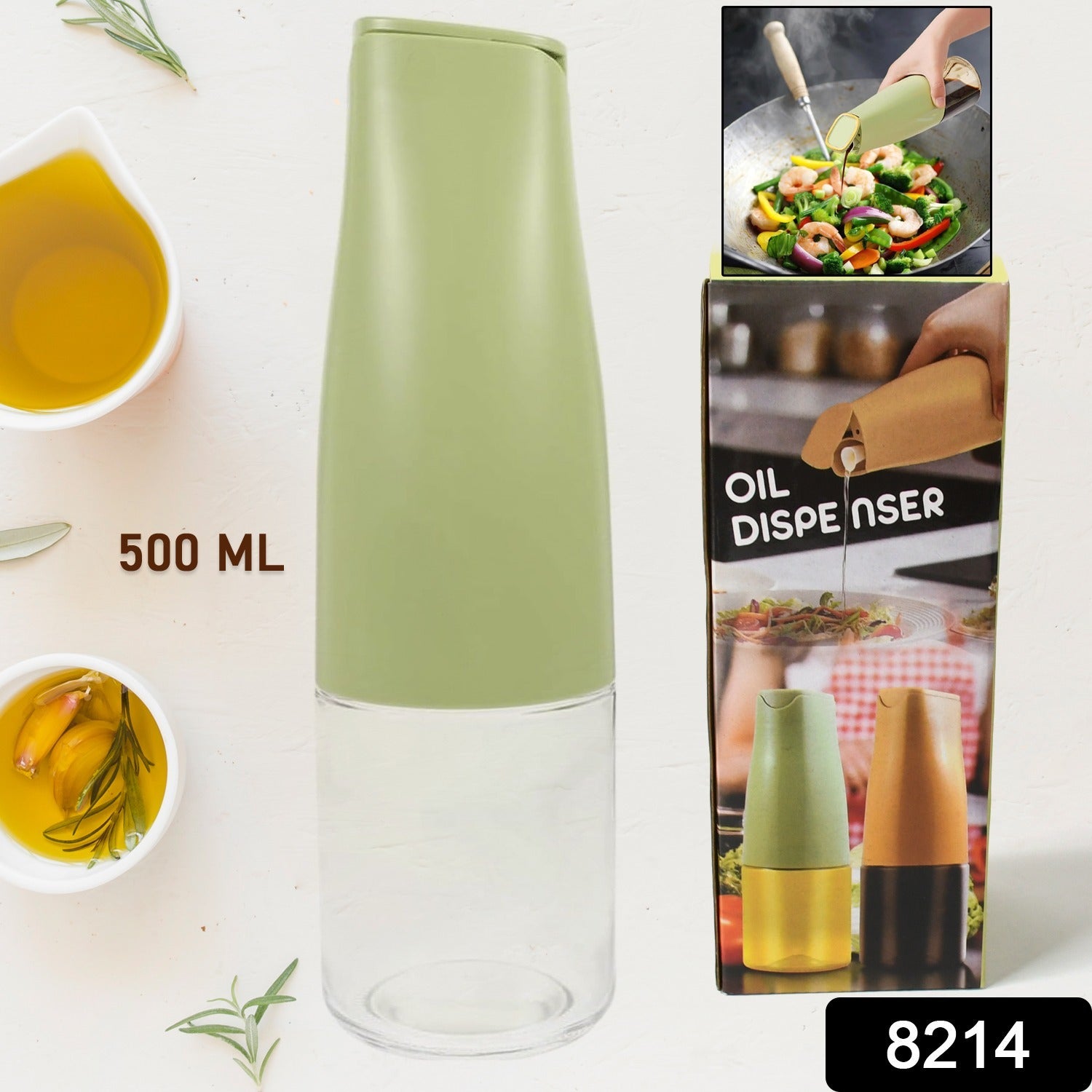 Wukusy 8214 oil dispenser 500ml glass bottle with automatic lid, used for cooking, grilling, and frying in the kitchen.