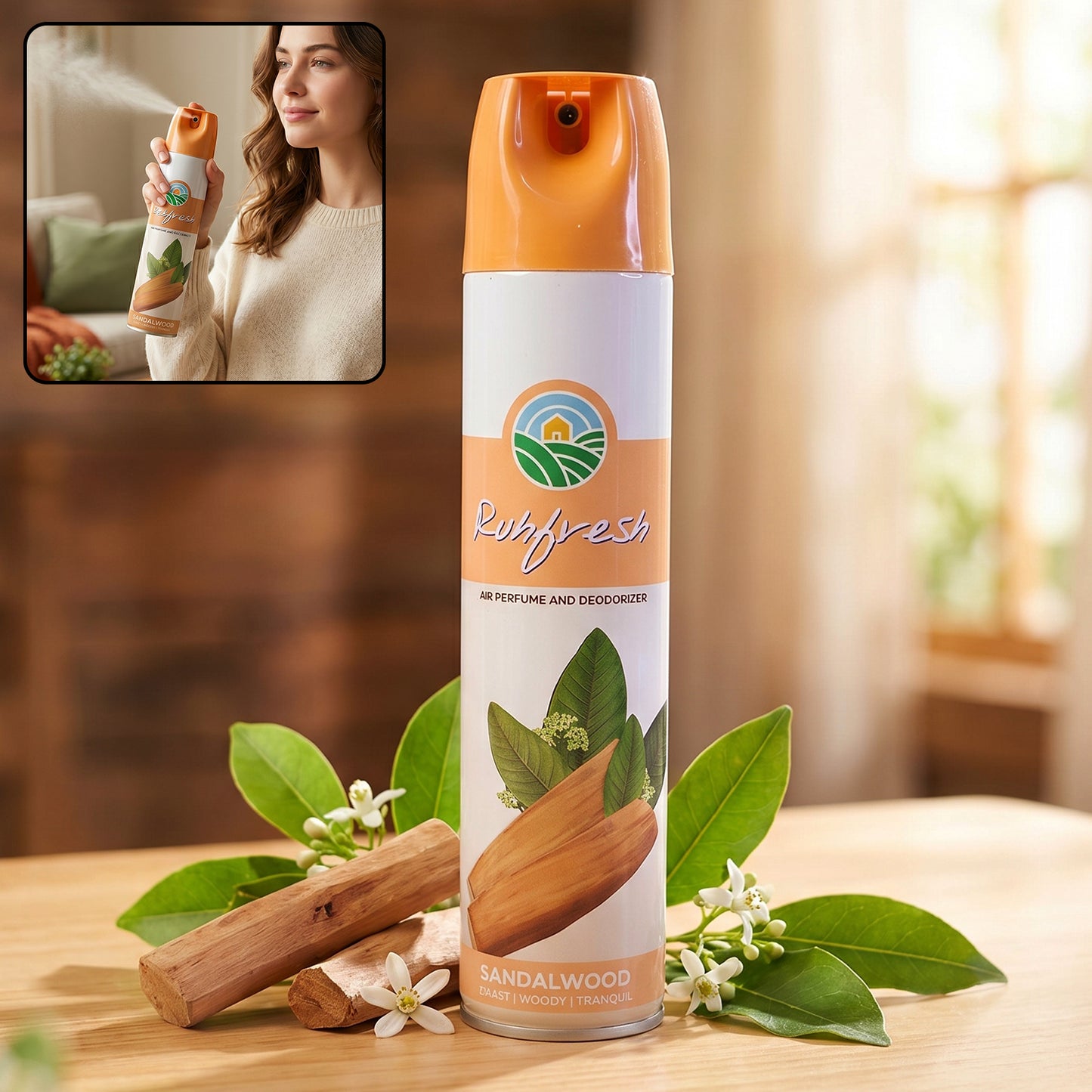 Wukusy Sandalwood air freshener spray in 220ml bottle, showcasing the sleek packaging and sandalwood scent.