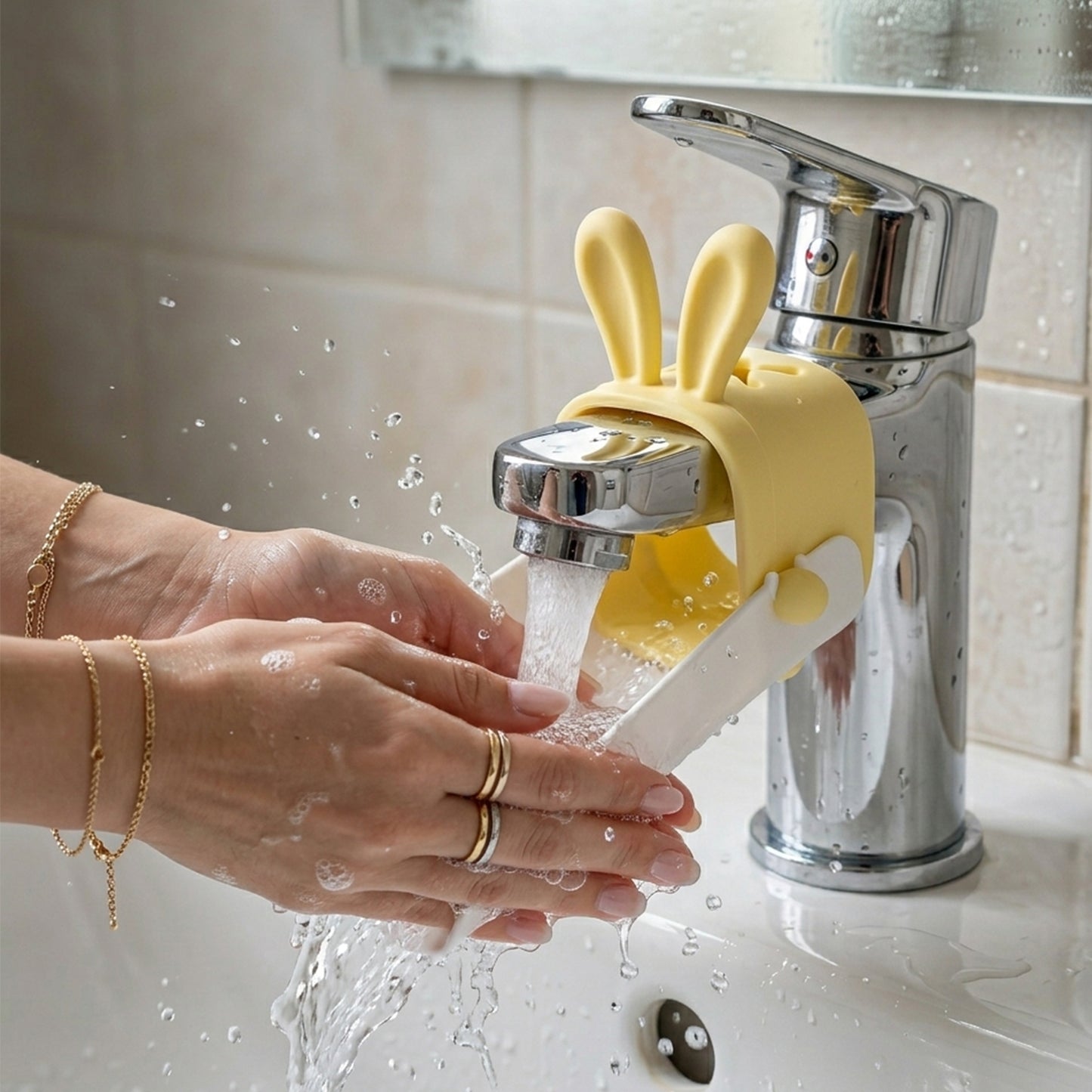 Wukusy cute faucet water tap extender for kids, plastic device attached to a bathroom sink faucet for easy water flow.