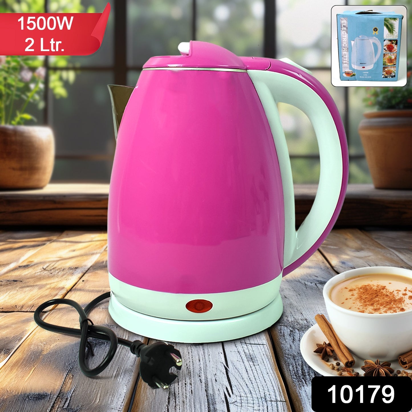 Wukusy stainless steel electric kettle with 2-liter capacity and 1500 watt power, featuring a sleek modern design and a spout for pouring.
