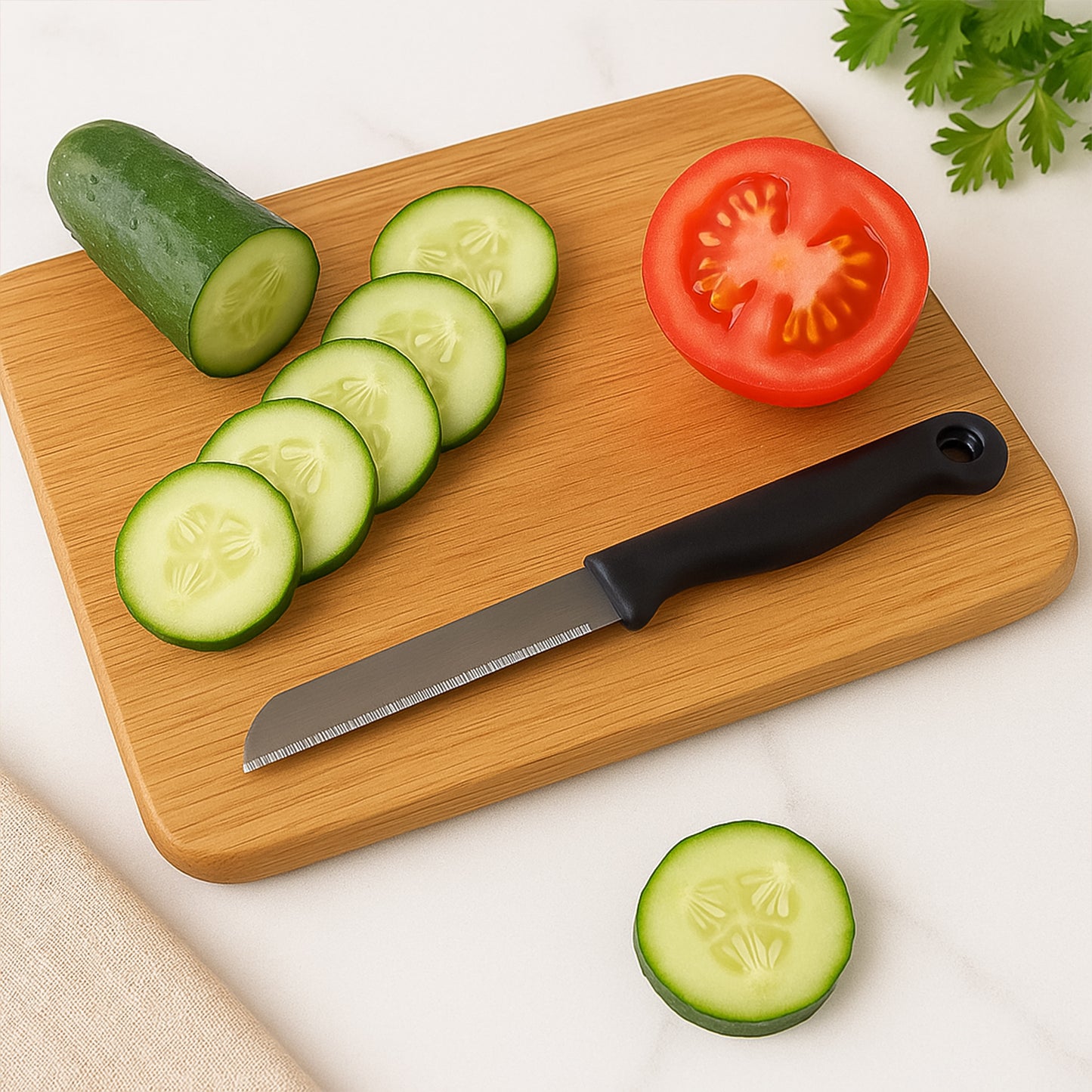 Wukusy Supermom stainless steel kitchen laser knife 10-piece set, including various knives on a wooden kitchen countertop.