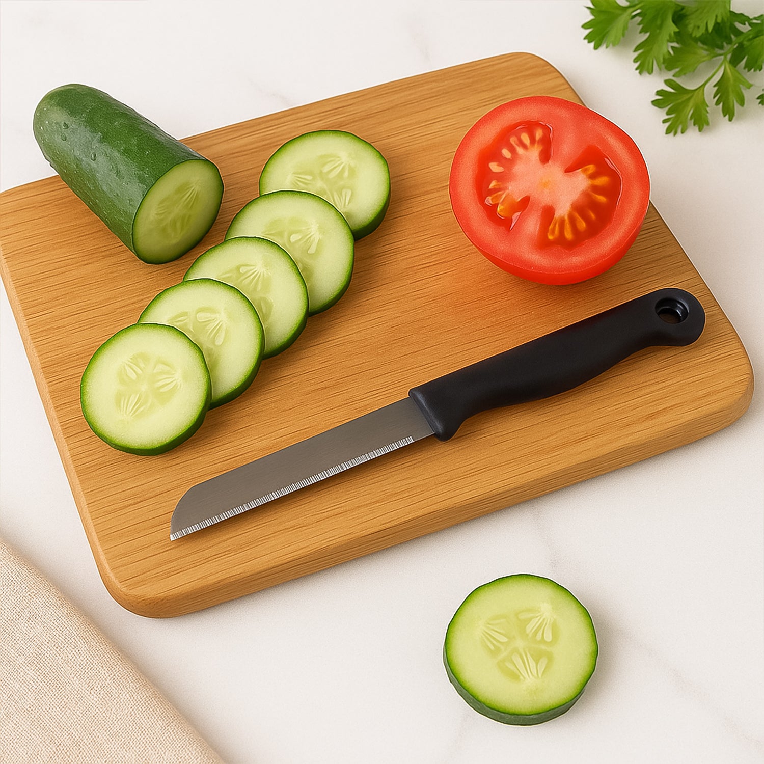 Wukusy Supermom stainless steel kitchen laser knife 10-piece set, including various knives on a wooden kitchen countertop.