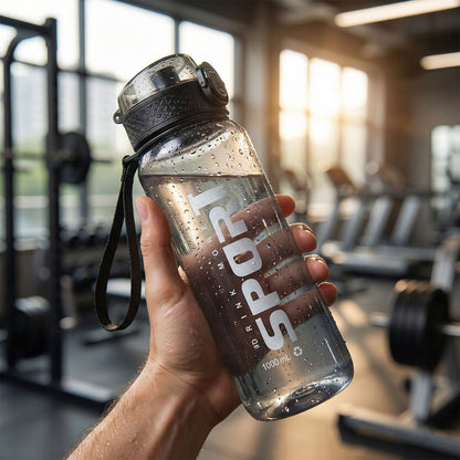 Wukusy 1000ml leakproof sports water bottle in black with a screw-on lid and ergonomic design for outdoor hydration.