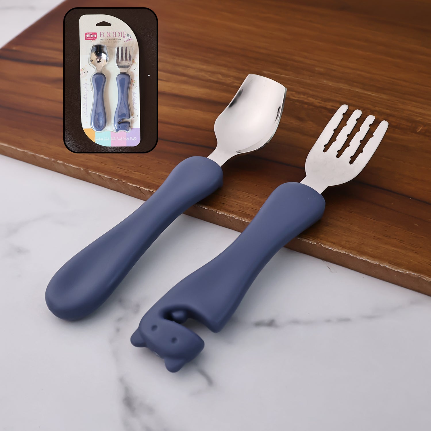 Wukusy Supermom Foodie stainless steel spoon and fork set for home and kitchen use, featuring sleek, durable utensils.