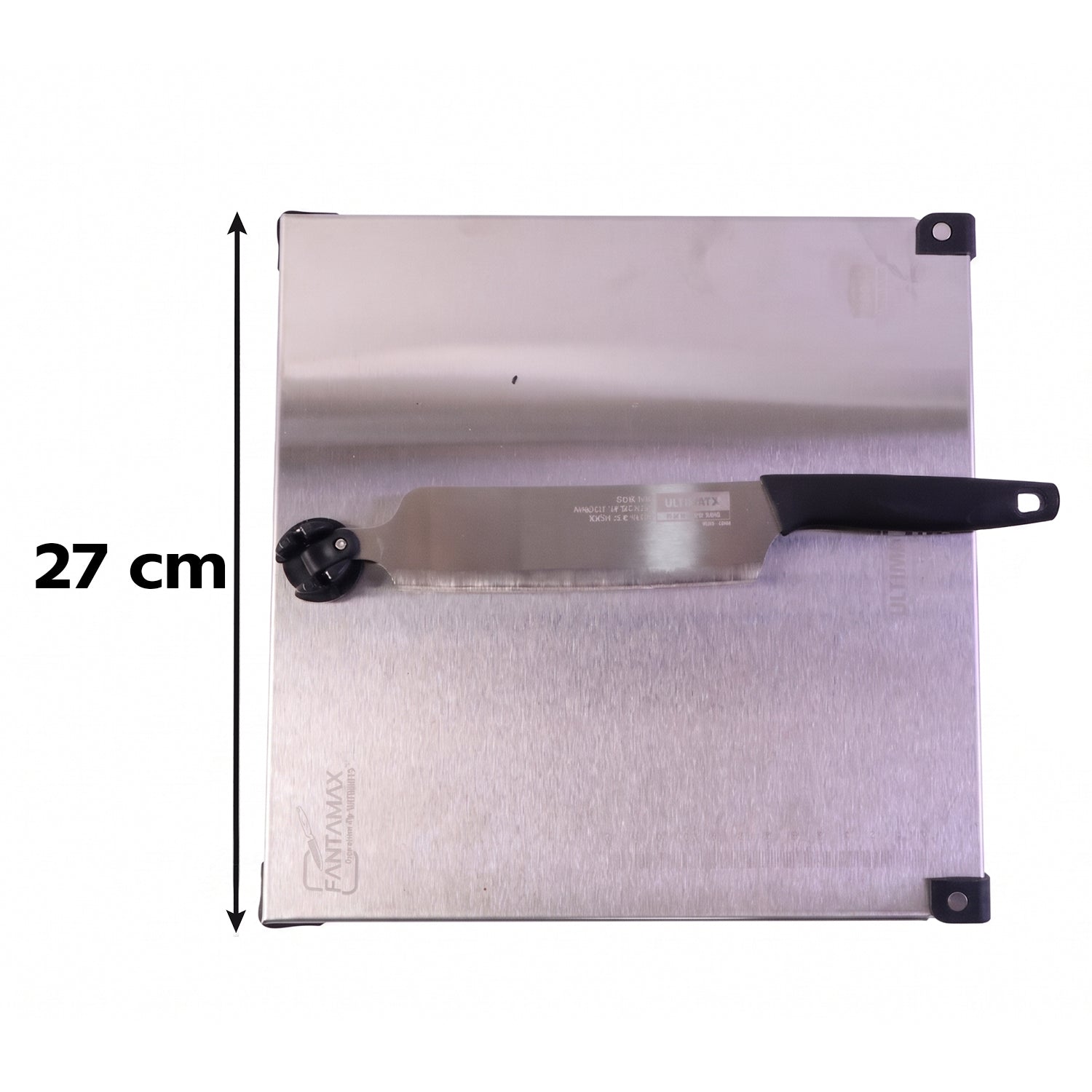 Wukusy stainless steel 2-in-1 cut and chop board with knife and sharpener, featuring a sleek design for food prep.
