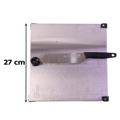 Wukusy stainless steel 2-in-1 cut and chop board with knife and sharpener, featuring a sleek design for food prep.