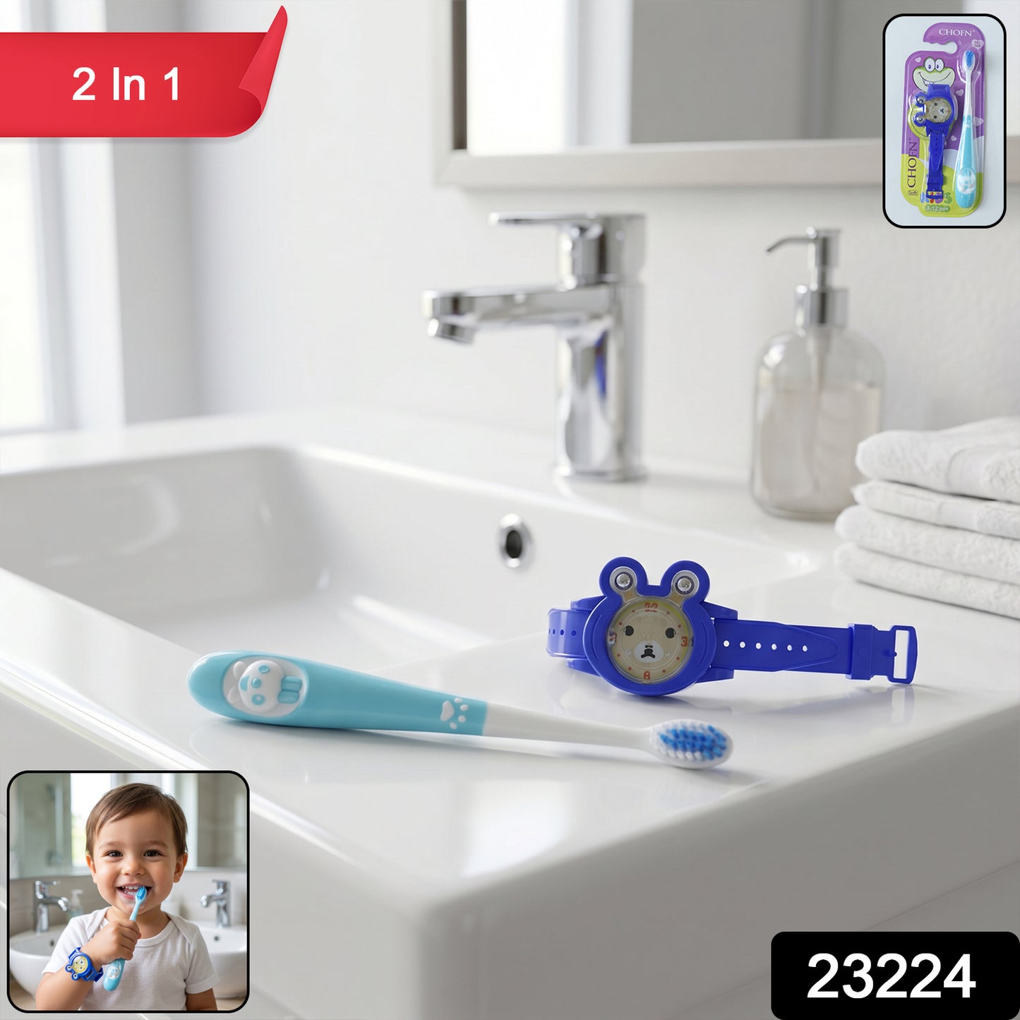 Wukusy 2-in-1 kids toothbrush set with cartoon watch toy, featuring colorful handles and playful watch design for children