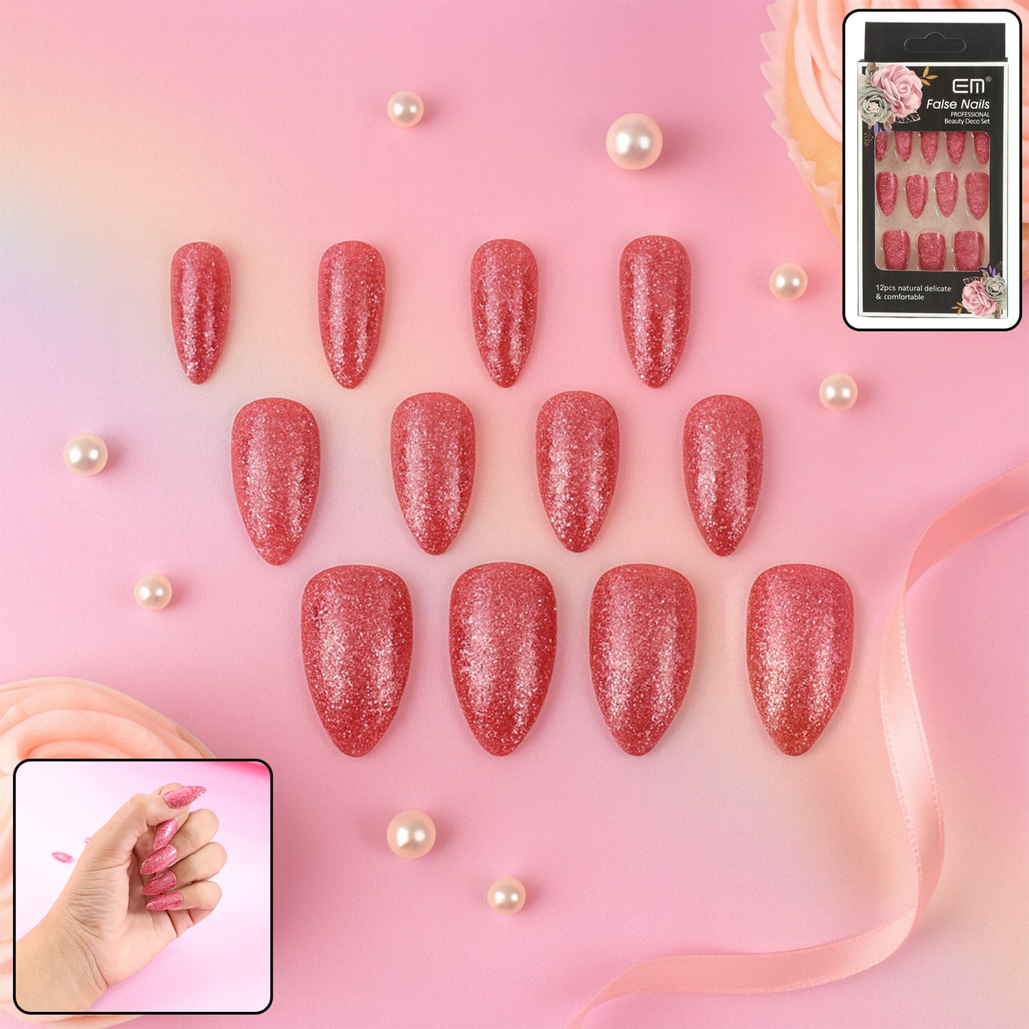 Wukusy Glitter Press-on False Nails in a mix of colorful designs, showcasing shiny, decorative nail tips for easy at-home manicure.