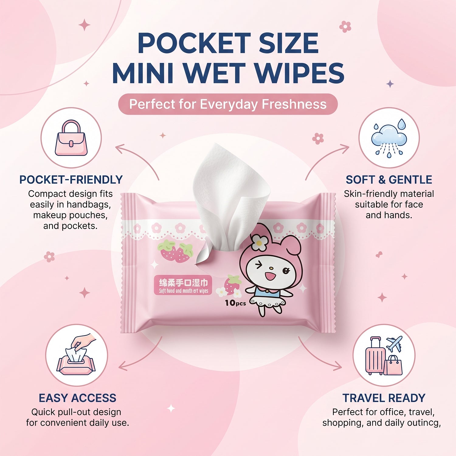 Wukusy cartoon printed soft wet wipes pack with 10 disposable wipes showing colorful cartoon characters and packaging design