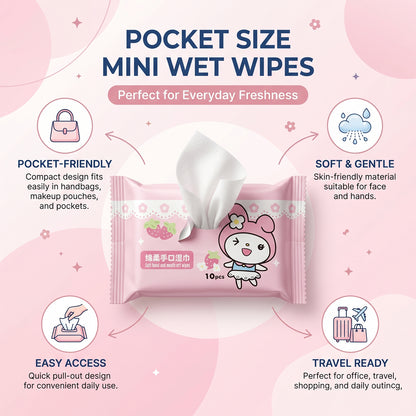 Wukusy cartoon printed soft wet wipes pack with 10 disposable wipes showing colorful cartoon characters and packaging design