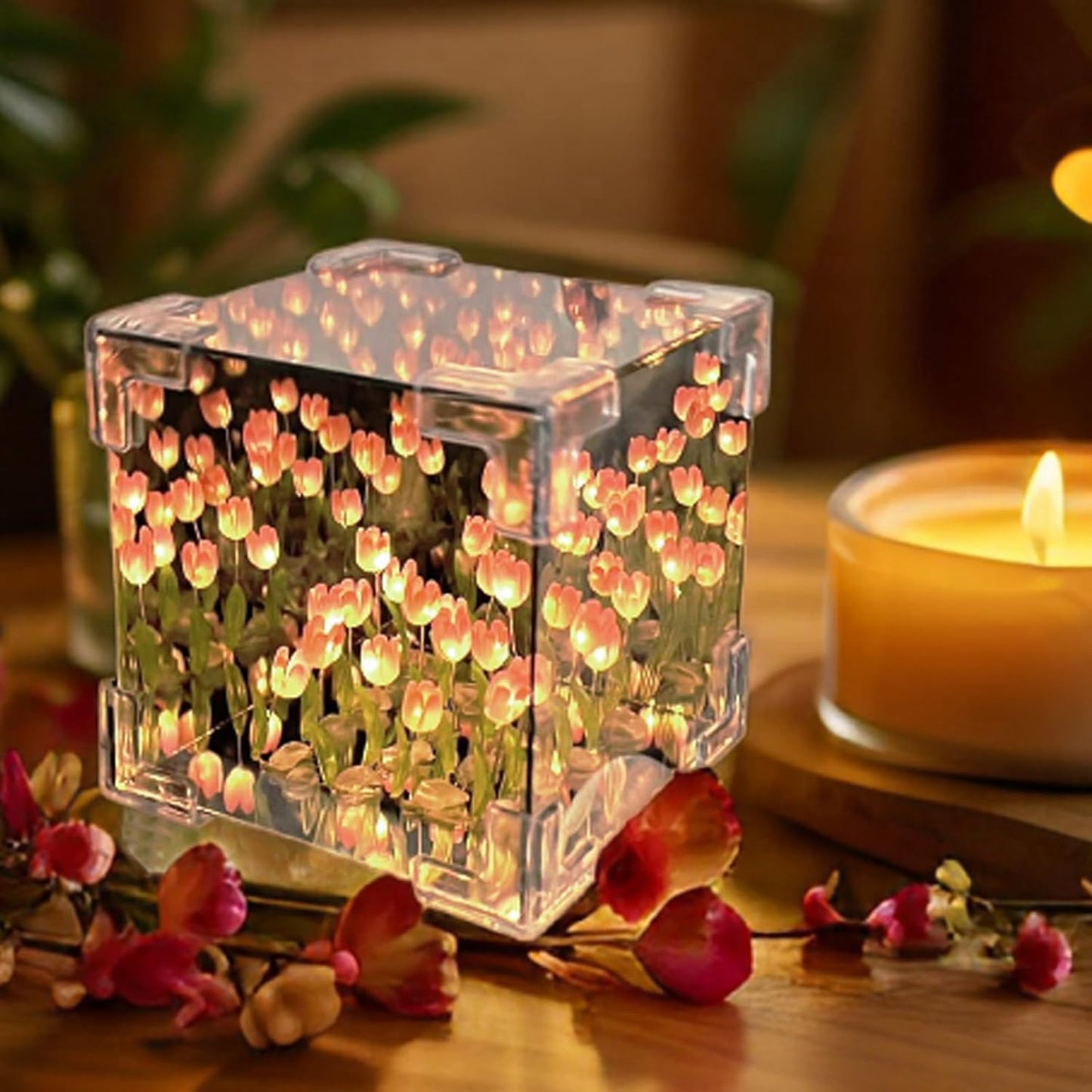 Wukusy decorative tulip flower LED cube night lamp set with mixed colors, featuring vibrant tulip-shaped lights in a modern display.
